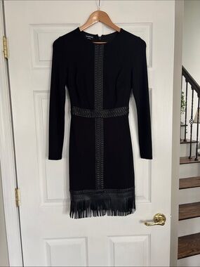 bebe Black Long-Sleeve Fringe Sheath Dress